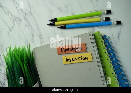 Lifestyle Inflation write on sticky notes isolated on office desk. Stock Photo
