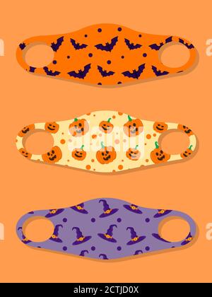 Set of designs face masks with halloween seamless pattern with bat, pumpkin and witch hat Stock Vector