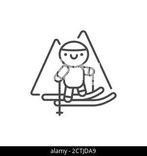 Ski tourism line black icon. Cute character skiing kawaii pictogram. Sign for web page, mobile app, button, logo. Vector isolated element. Editable Stock Vector