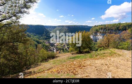 Baume-Les-Messieurs, France - 09 01 2020: View of the Baume-Les-Messieurs circus from a belvedere Stock Photo