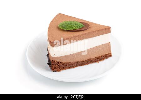 Cake with souffle milk chocolate cream isolated on white  background. side view, close up. Stock Photo