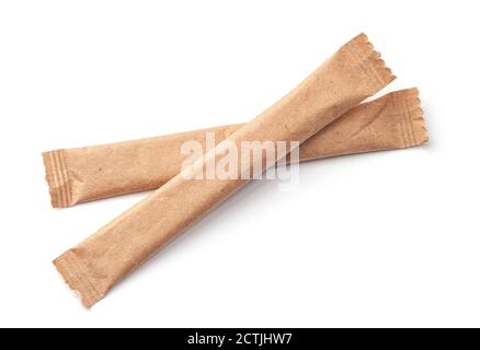 Two Sugar Stick. Sugar in paper kraft packaging. Mock up for design isolated on white background Stock Photo