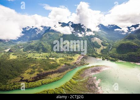Aerial view of the Stave River flowing into Stave Lake, Mission, B.C. Stock Photo