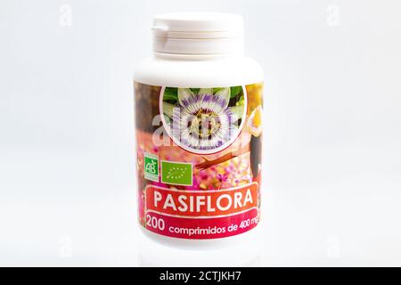 Huelva, Spain-September 23,2020: Passion flower dietary supplement pills. It help relieve insomnia and anxiety. Boost the level of gamma-aminobutyric Stock Photo