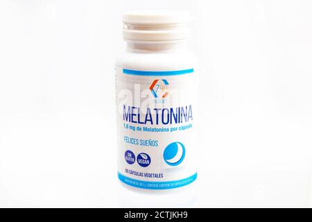 Huelva, Spain-September 23,2020: 1,8 mg of Melatonin pills. It is a hormone primarily released by the pineal gland that regulates the sleep–wake cycle Stock Photo