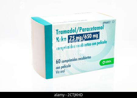 Huelva, Spain-September 23,2020: Spanish box of Tramadol hydrochloride and Paracetamol from Krka Pharma. This medication is indicated for the symptoma Stock Photo