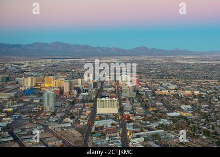 Las Vegas downtown at Fremont Street at sunset from top of the Stratosphere Tower in Las Vegas, Nevada, USA. Stock Photo