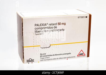 Huelva, Spain - September 23,2020: Spanish Box of Tapentadol, brand Palexia. Centrally acting opioid analgesic of the benzenoid class with a dual mode Stock Photo