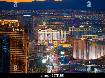 Luxury hotels including Wynn, Encore, Caesars Palace, Treasure Island at night from top of the Stratosphere Tower in Las Vegas, Nevada, USA. Stock Photo