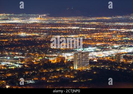 Las Vegas aerial view at night from top of the Stratosphere Tower in Las Vegas, Nevada, USA.