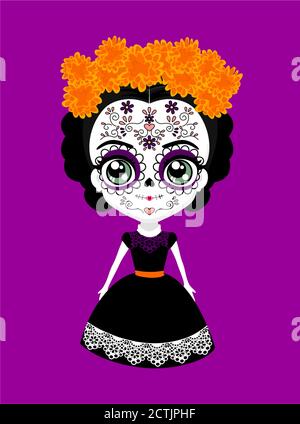 cute mexican catrina doll with traditional sugar skull make up for dia de muertos celebration and cempasuchil flowers (aztec marigold). isolated on pu Stock Vector