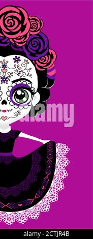 cute mexican catrina doll with traditional sugar skull make up for dia de muertos celebration. isolated on purple background Stock Vector