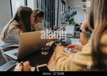 Teenage girlfriends studying at home, using laptop Stock Photo