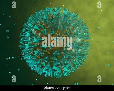 Three dimensional render of single green COVID-19 cell Stock Photo