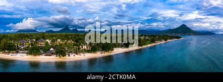 Mauritius, Black River, Flic-en-Flac, Helicopter panorama of coastal village in summer Stock Photo