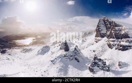 UK, Scotland, Drone view of Old Man of Storr in winter Stock Photo