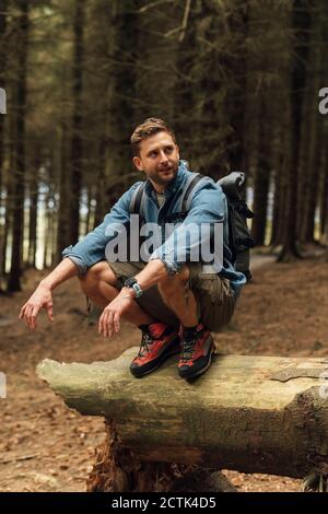 Mid adult man looking away while crouching on log against trees in forest Stock Photo