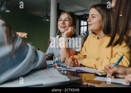 Teenage girls studying together at home Stock Photo