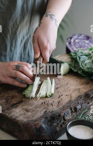 Young woman cutting cucumber on cutting board Stock Photo