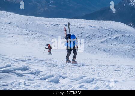 Young man hiking on Mount Vettore, Umbrian, Italy Stock Photo