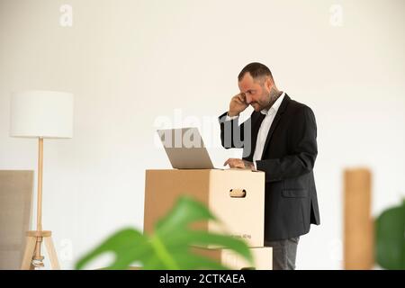 Male entrepreneur working over laptop on stacked boxes against wall in new home Stock Photo