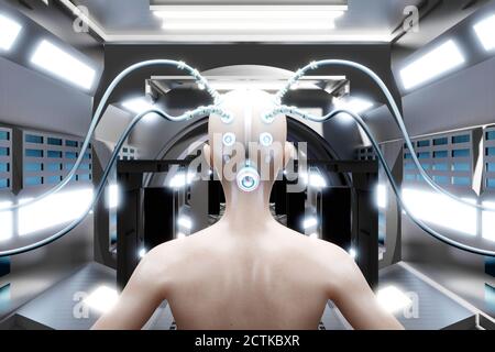 3D rendered illustration, a human characters brain connected digitally and electronically with wires. Stock Photo