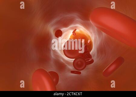 Three dimensional render of red blood cells flowing through vein Stock Photo