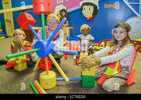 Huntsville Alabama,EarlyWorks Children's Museum,hands on activities building blocks construction toys,boy boys girl girls Black African Stock Photo