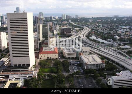 Archival September 2005 aerial view of buildings along the Interstate 95 freeway near downtown Miami, Florida, USA. Stock Photo