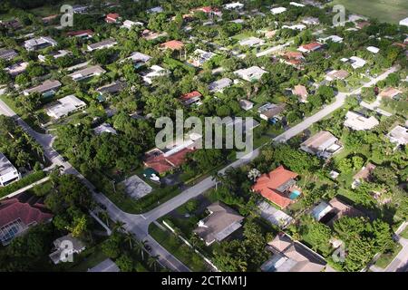 Archival 2005 aerial view of suburban residential homes and rooftops in Miami, Florida. Stock Photo
