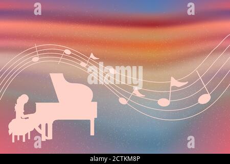 A Pianist Girl And The Musical Notation On The Blurred Background Stock Vector