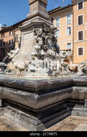 Rome, Lazio region, Italy.  Fountain outside of the Pantheon, or Fontana del Pantheon, and is surmounted by an Egyptian obelisk. (For editorial use on Stock Photo