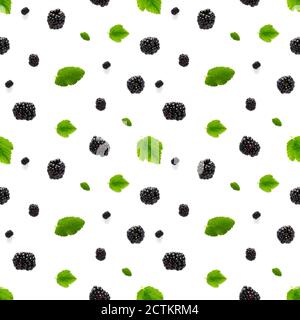 Falling Bramble Seamless pattern. Fresh Falling blackberry seamless pattern. Pattern with fresh wild berries isolated on white background. Stock Photo