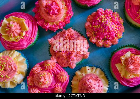 Homemade cupcakes with decorative frosting. Stock Photo