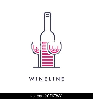 Minimal wineglass and bottle icon in a row lines. Abstract drink concept design. Stock Vector