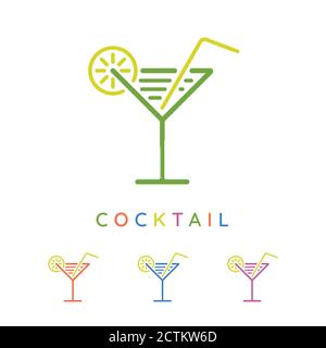 Colorful cocktail glass icons with lemon and straw symbols. Minimal drink logo design. Stock Vector