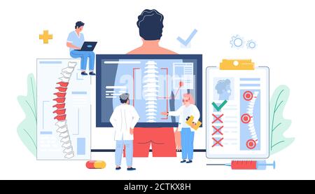 Osteopathy session and treatment. Doctors examining scan of patient spine, flat vector illustration. Stock Vector