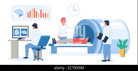 MRI exam procedure in clinic. Doctors, medical professionals doing head mri scan of patient, flat vector illustration. Stock Vector