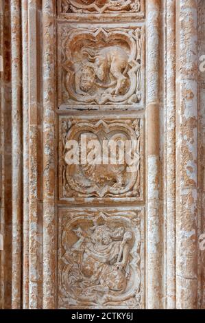 Rouen, Seine-Maritime / France - October 26, 2014: Close up detail of a carved marble column with mythical figures, in the cathedral of Rouen, France. Stock Photo