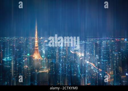 Tokyo Skyline with wireless network connection at night in Japan. Abstract communication technology concept Stock Photo