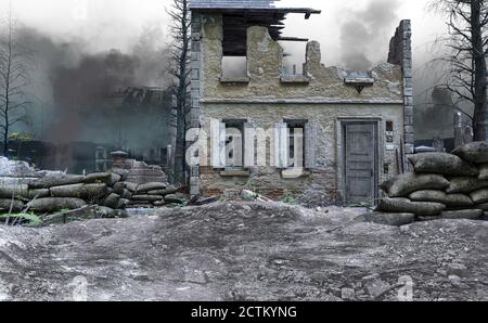 War Torn House in apocalyptic landscape, 3D illustration, 3D rendering ...