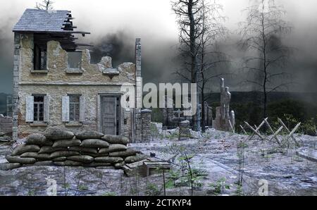 War Torn House in apocalyptic landscape, 3D illustration, 3D rendering ...