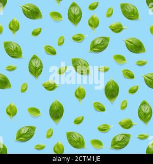 Italian Basil leaf herb seamless pattern on blue background, Creative seamless pattern made from fresh green basil flat lay layout. Stock Photo