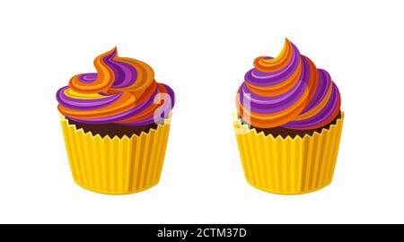Halloween cupcakes with swirled icing. Muffins with violet and orange frosting for Halloween party. Vector illustration in cute cartoon style Stock Vector