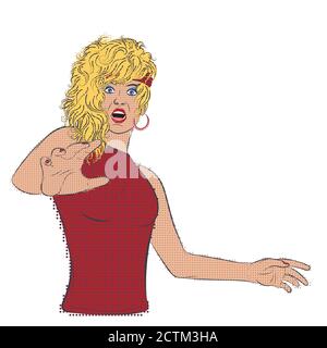 Frightened, shocked woman in retro pop art style with halftone. Stock Vector