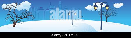 Cold winter landscape of city park and skyscrapers in the distance. Stock Vector