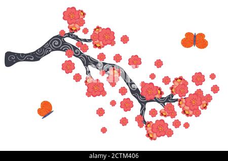 Spring cherry blossom tree branch, decorative Sakura flowers. Stock Vector