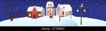 Cold winter rural landscape with cottage illustration. Stock Vector