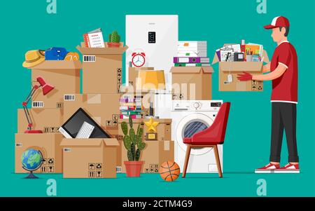 Moving to new house. Family relocated to new home. Male mover, paper cardboard boxes with goods. Package for transportation. Electronics, clothes, home appliances, furniture. Flat vector illustration Stock Vector