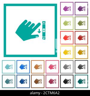 Left handed scroll down gesture flat color icons with quadrant frames on white background Stock Vector